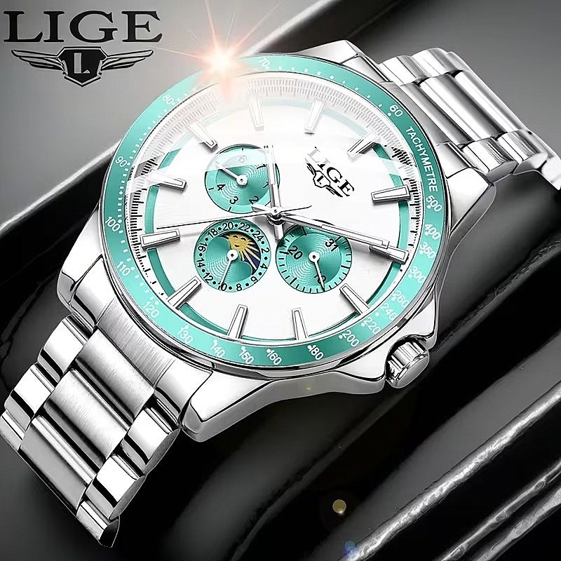 LIGE Men’s Silver Aqua Quartz Watch Stainless Steel Date Day Subdial
