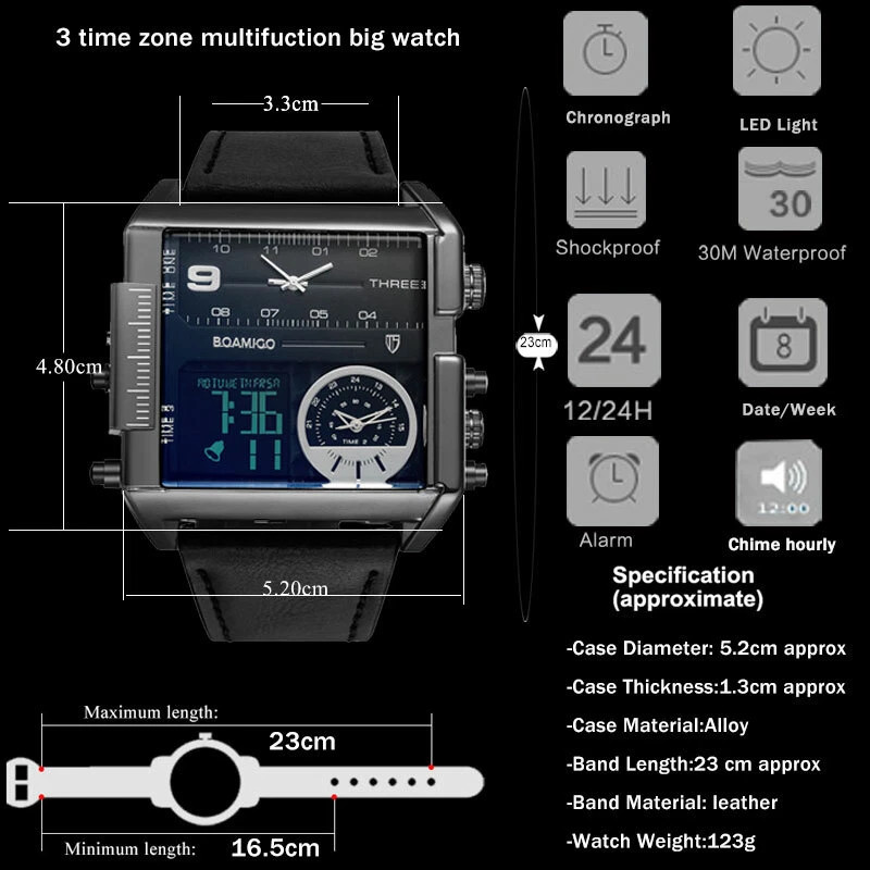 BOAMIGO Big Square Dial 3 TimeZone Stylish Watch For Men
