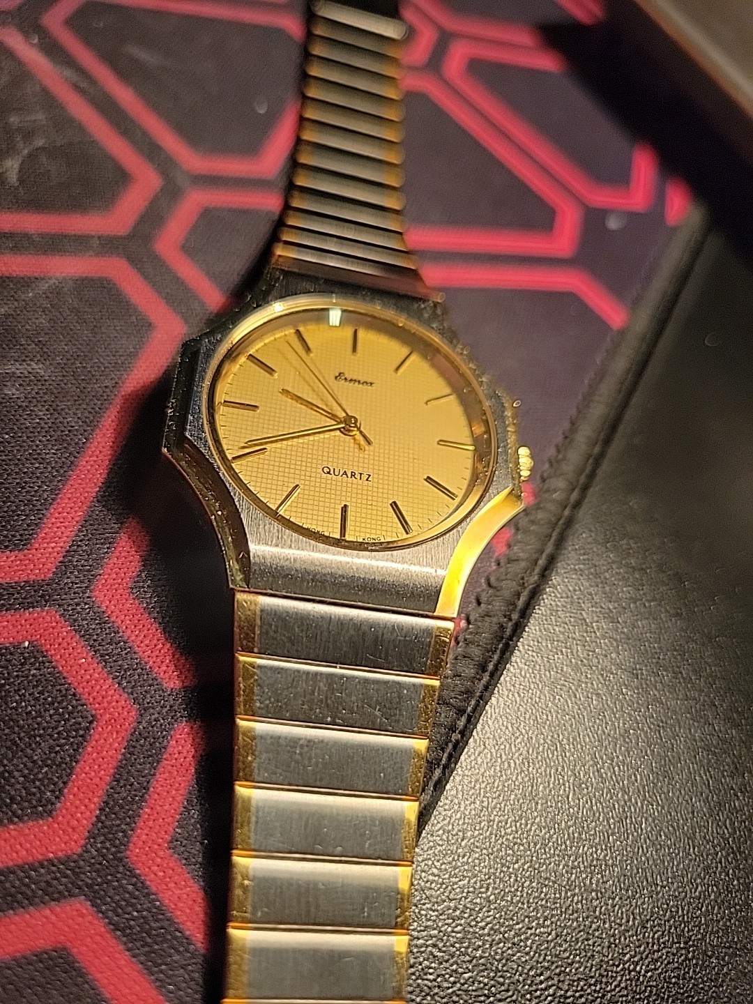 Ermex Watch 1986 NOS Gold Toned Circular Square Brushed Silver Works Mint Aristo