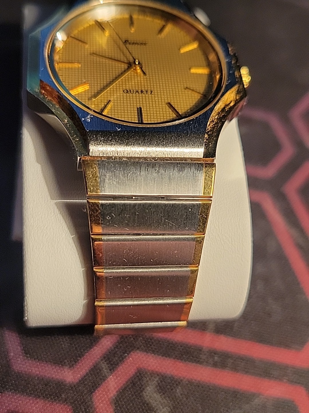 Ermex Watch 1986 NOS Gold Toned Circular Square Brushed Silver Works Mint Aristo