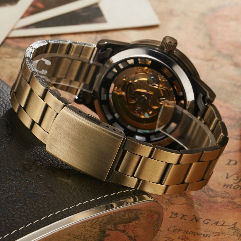 Retro Bronze Skeleton Classic Self-winding Mechanical Stainless Men Wristwatch