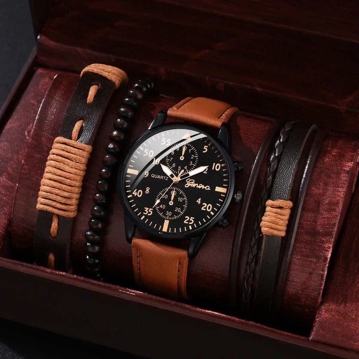 4/2/1pcs Men Sports Watches Set Man Business Quartz Wristwatch Luxury Brown Leat