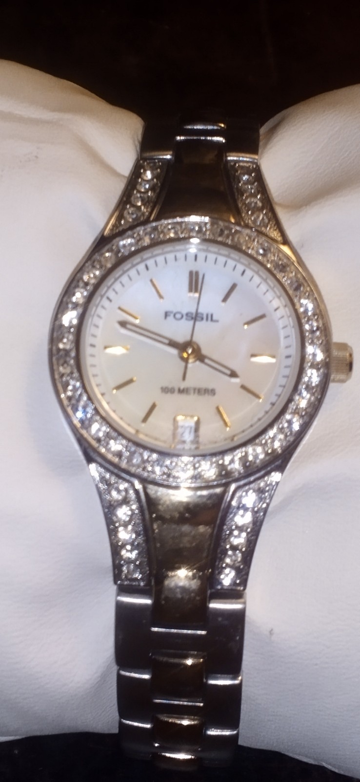 FOSSIL Blue AM-4019 Crystals Inlay Quartz Women’s Watch Sz. 6″ New Battery