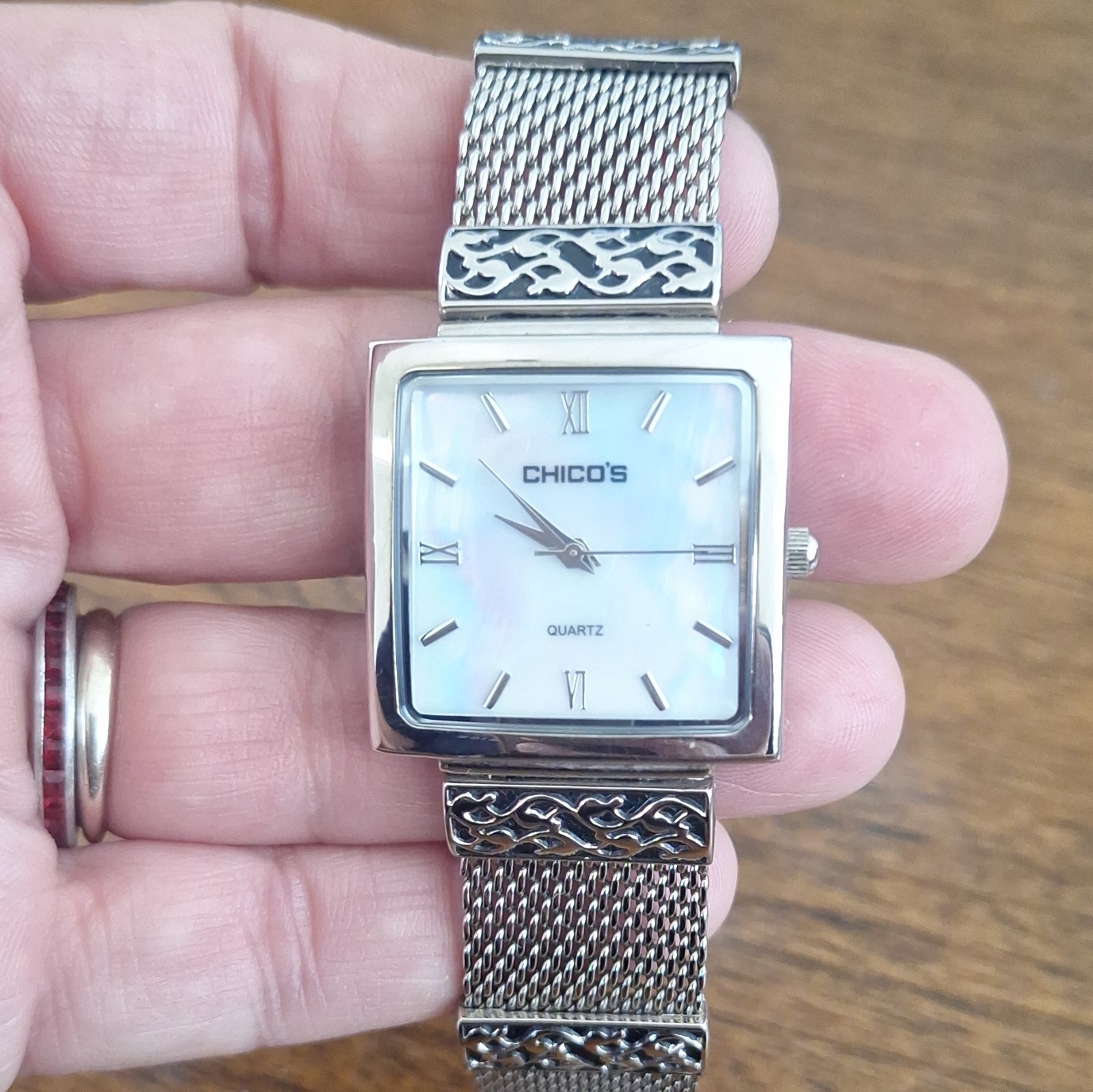 Chico’s Women’s Quartz Square Watch Silver Tone White Dial Roman Mesh Bracelet