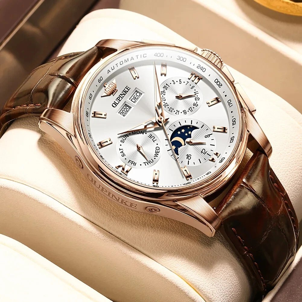 Automatic Mechanical Waterproof Watch Moon Phase Luxury Dial Men’s Men Strap
