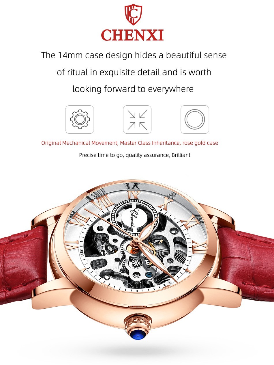 CHENXI Women’s Gril Female Hollow Out Roman Numerals Automatic Mechanical Watch