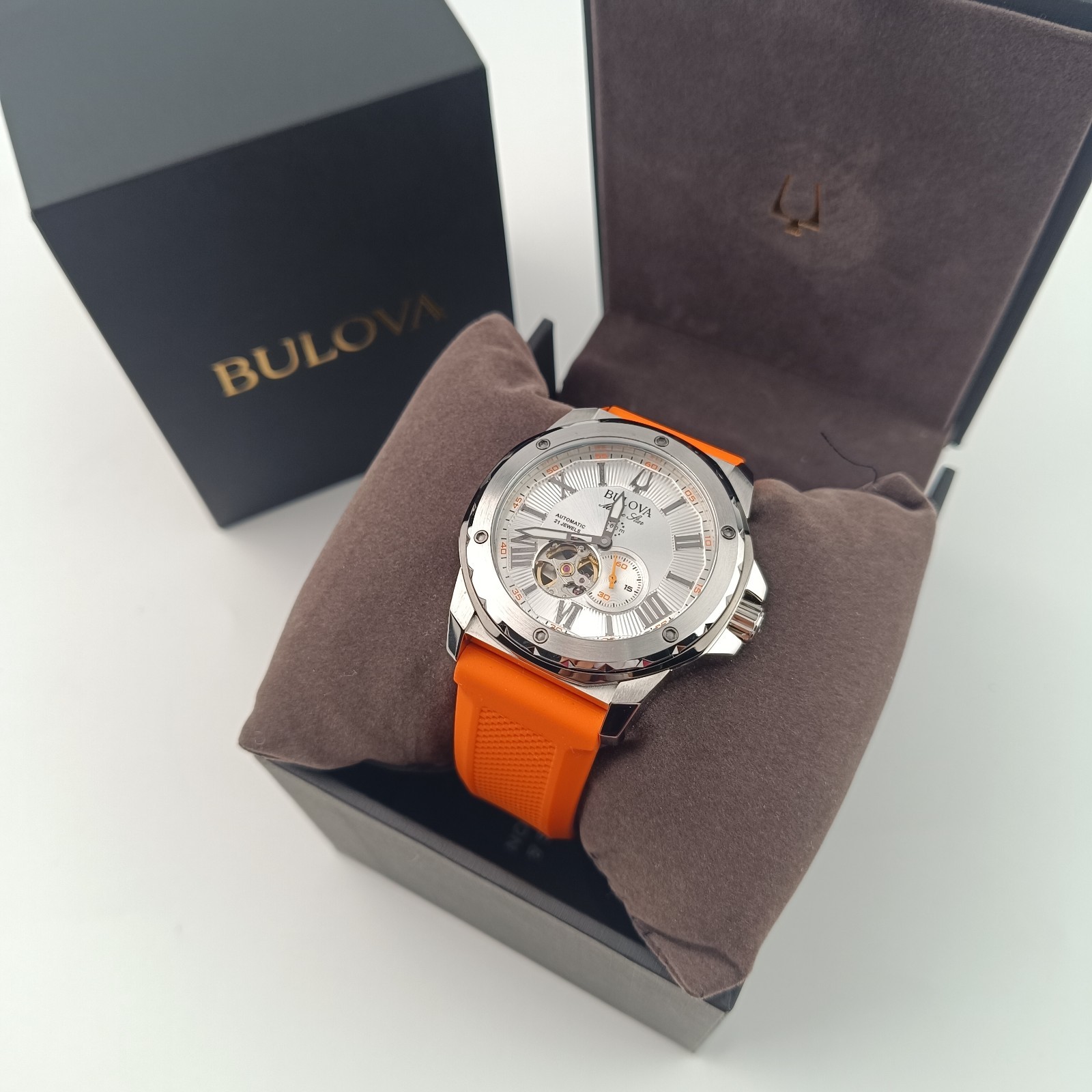 Bulova 98A226 Marine Star Automatic Watch White Dial Orange Rubber Strap
