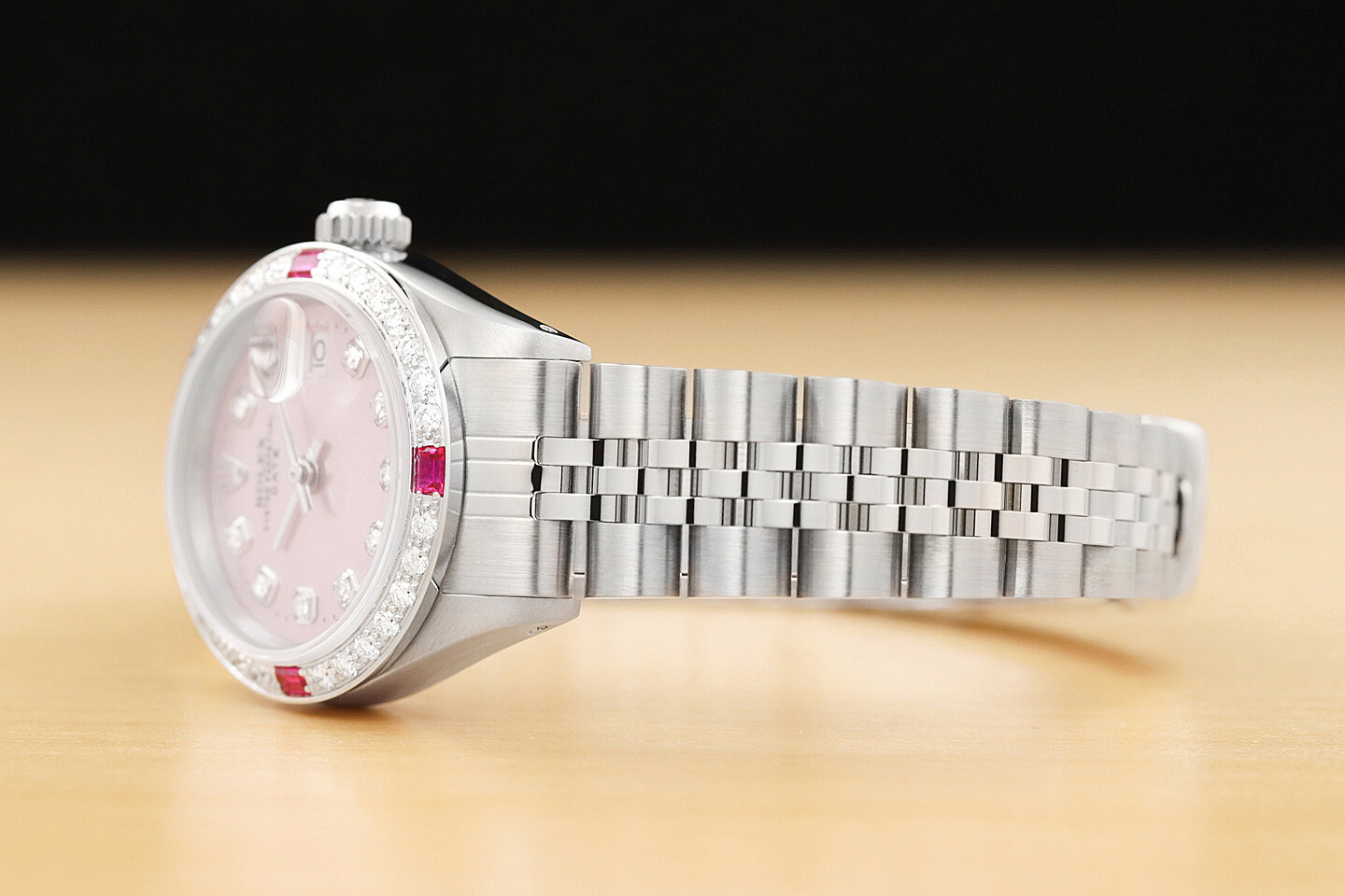 LADIES ROLEX DATEJUST 18K WHITE GOLD DIAMOND RUBY & STEEL PINK DIAL WATCH