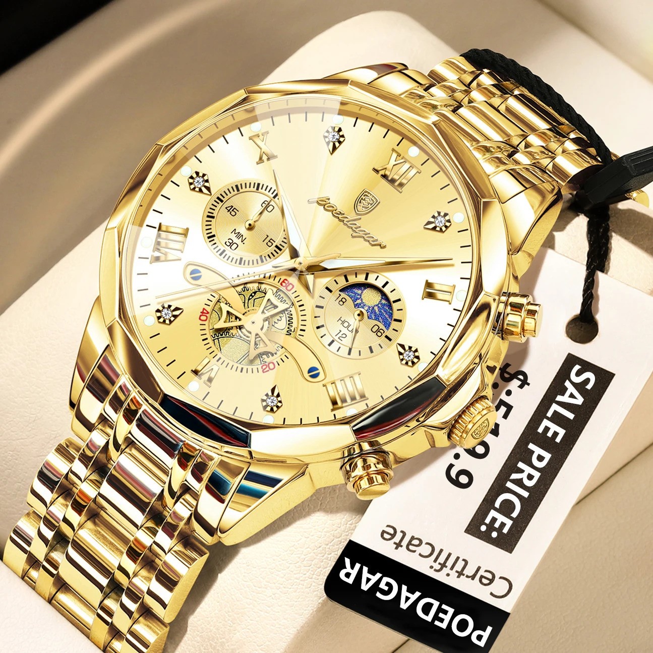 POEDAGAR Mens Quartz Watch Stainless Steel Waterproof Luminous Chronograph