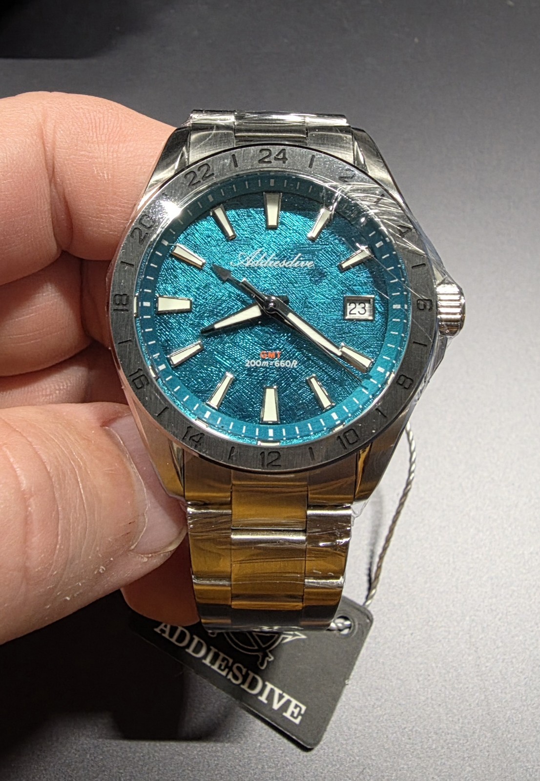 ADDIESDIVE AD2548 GMT Dive Watch Swiss Ronda 515-24H Quartz 200M Blue Wave 38mm