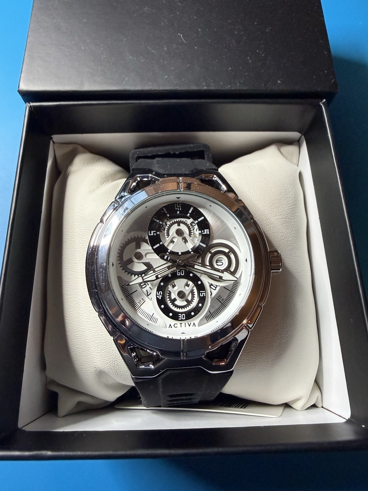 Activa Sport Quartz Analog Watch Silver Dial Arabic Numerals Black Strap Box