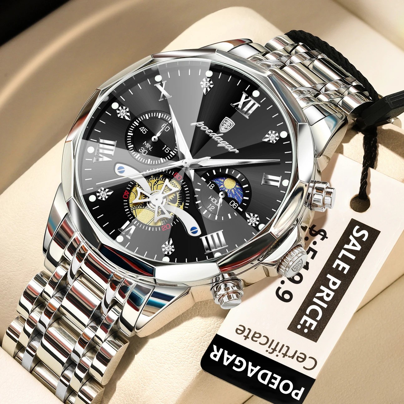 POEDAGAR Mens Quartz Watch Stainless Steel Waterproof Luminous Chronograph