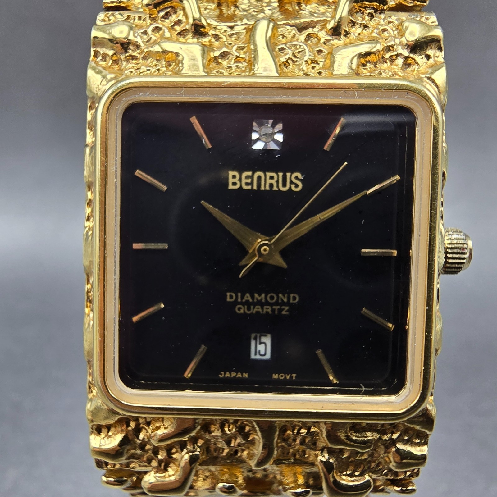 Benrus Gold Nugget Watch Unisex 28mm Black Dial Gold Tone Date Rectangle New bat