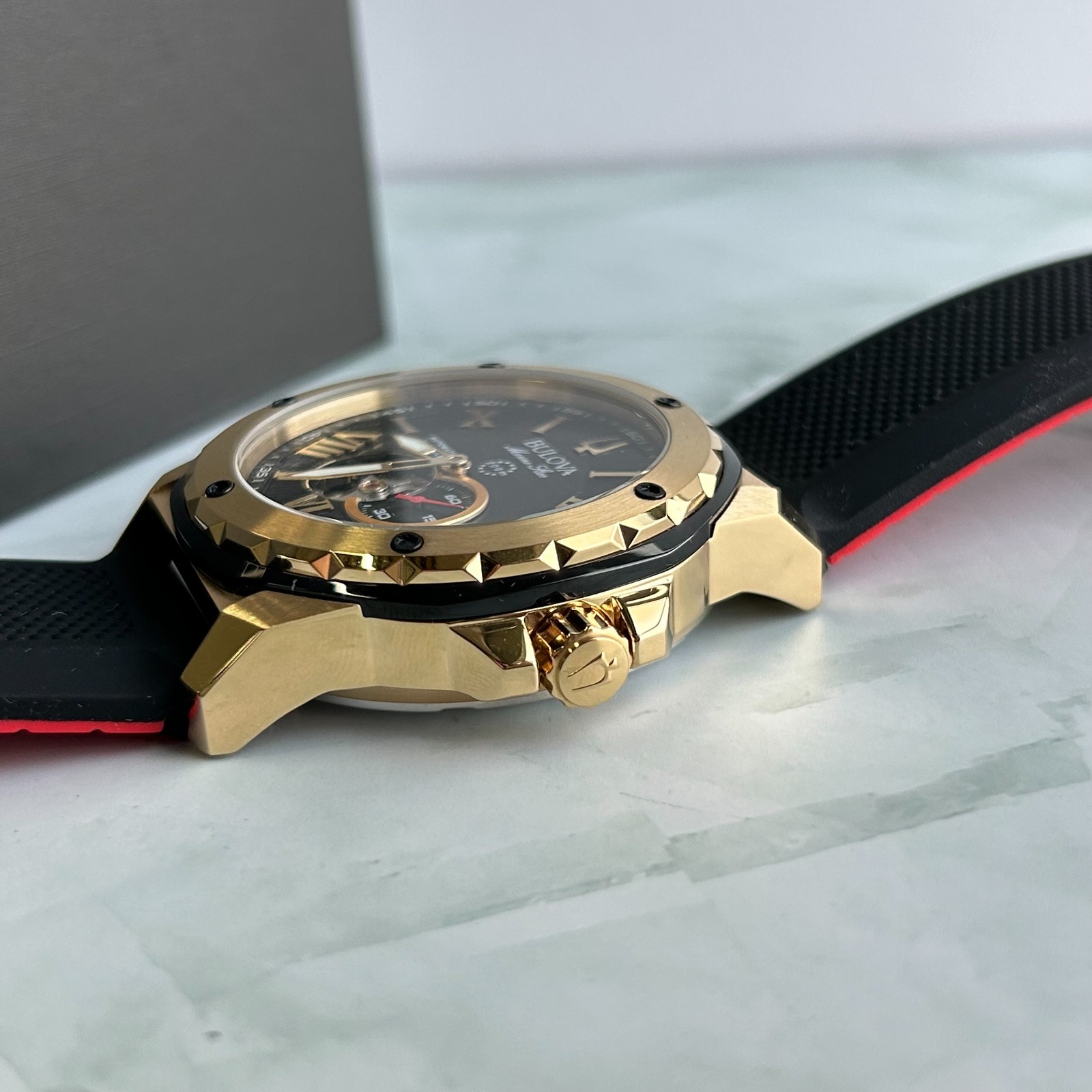 Bulova Marine Star 98A272 Black/Gold Dial Silicone Men Automatic Watch 45mm New
