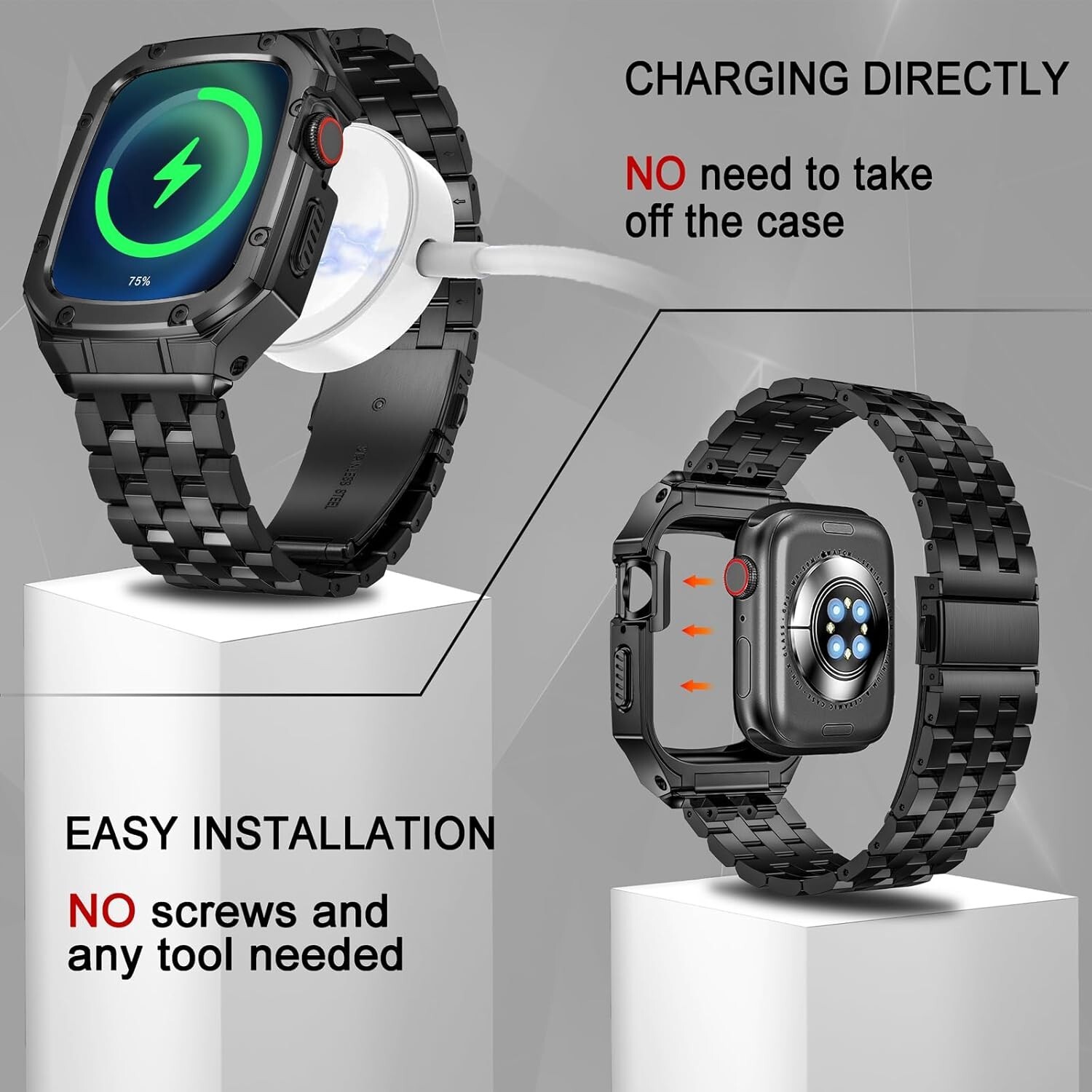 (NO WATCH) Stainless Steel Watch Case with Band for Apple Watch Band 44mm 42mm..