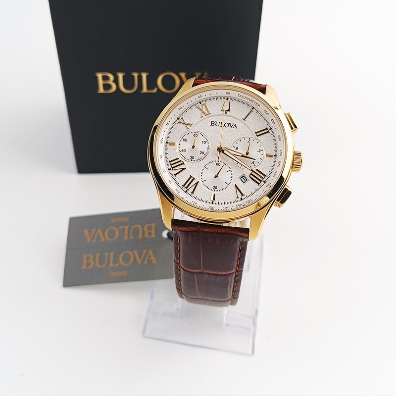 Bulova Wilton 97B169 White Dial Brown Leather Men’s Quartz Watch 46.5mm New