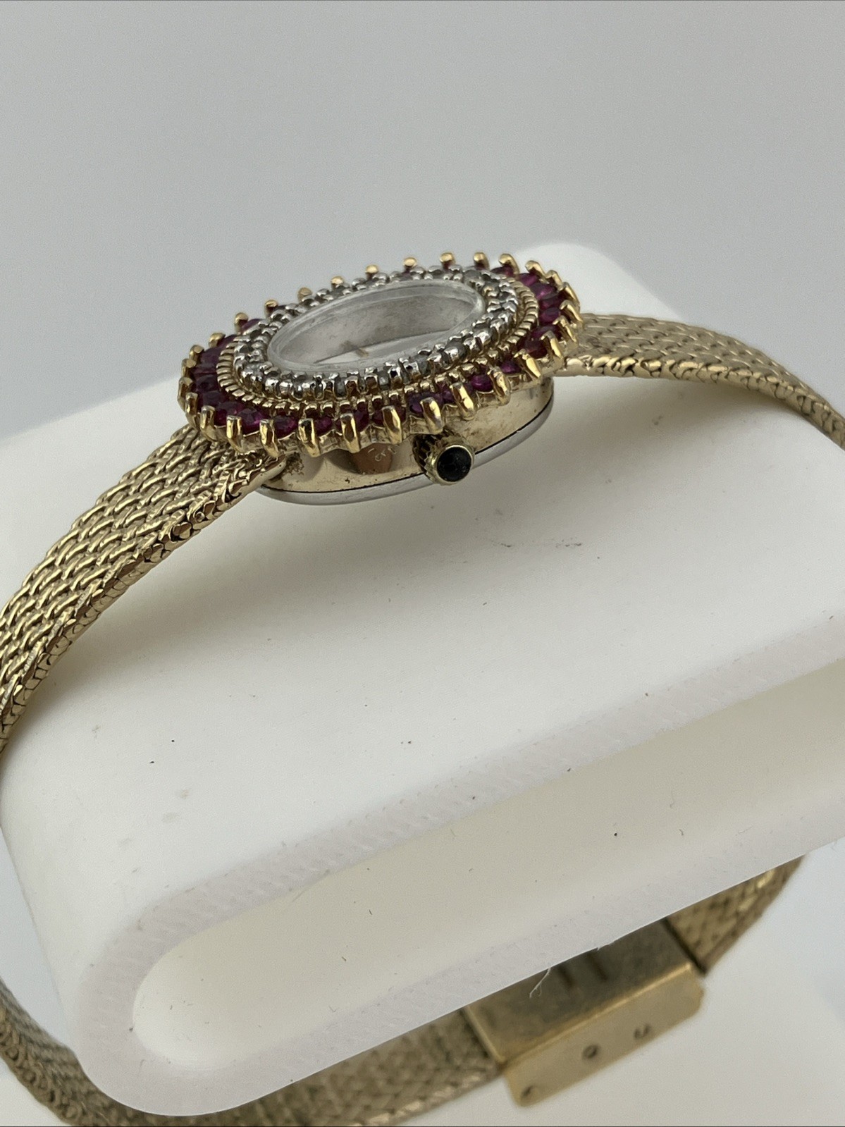 Vtg Jules Jurgensen Ladies 20mm Watch Gold Tone Diamon & Ruby Bezel Adjust -RUNS
