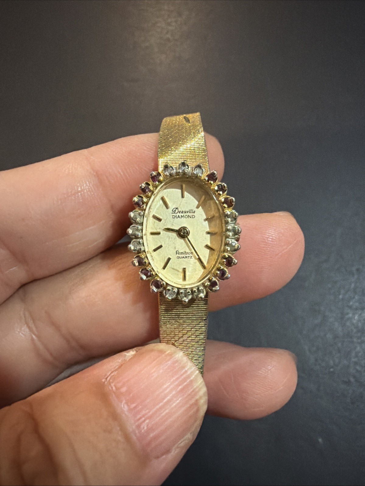 Vintage Deauville Armitron Quartz Diamonds & Ruby Bezel Watch