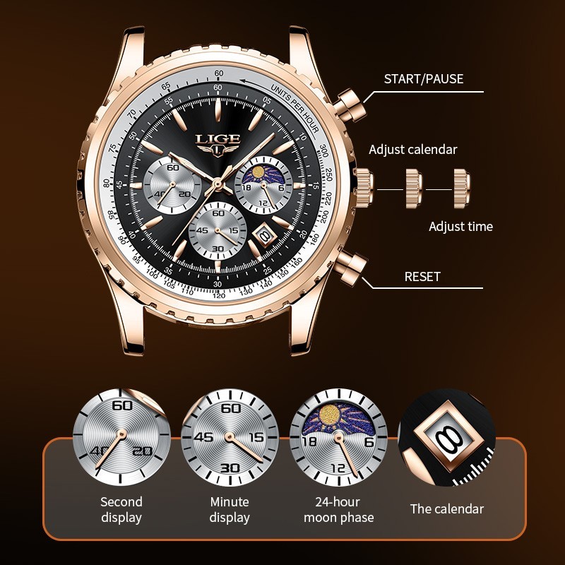 LIGE Men Watch Quartz Luminous Calendar 3ATM Waterproof Daily Casual Wristwatch