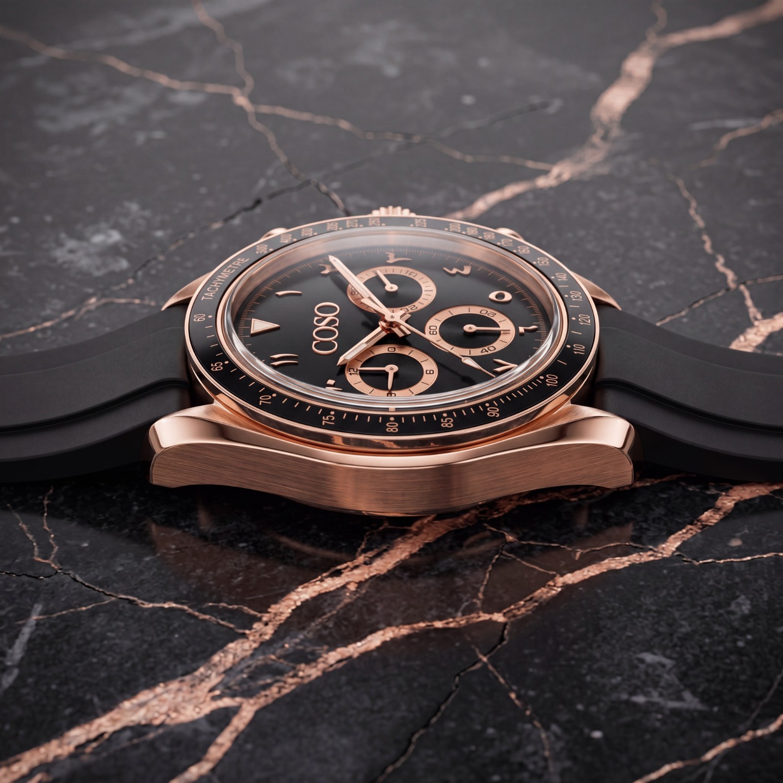 COSO Torvex Chronograph Mens Watch Rose Gold Black Dial Arabic Numerals Rubber