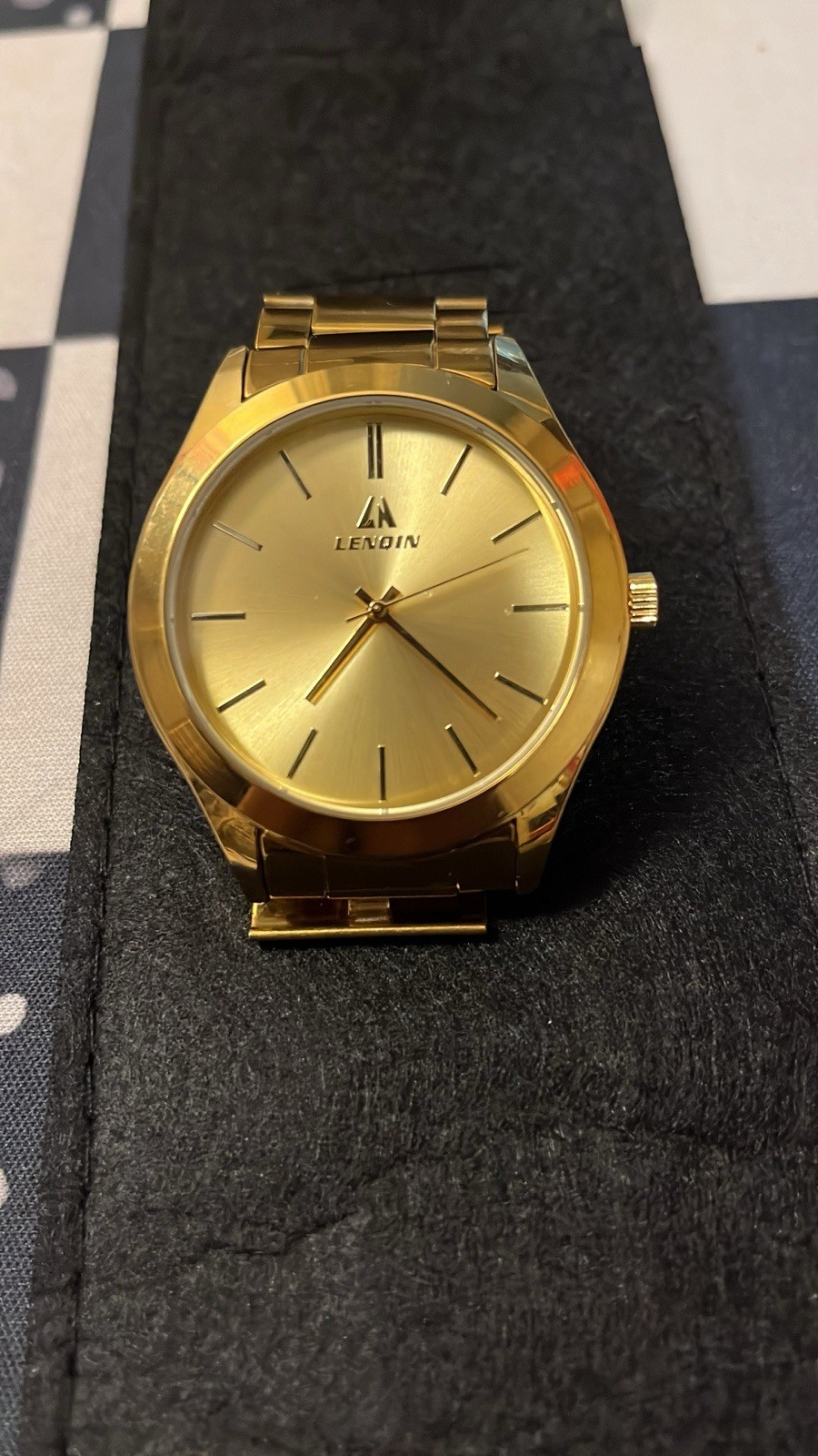 Lenoin Gold Tone Quartz Analog Watch SS Bracelet 50m 5 ATM Round w/Manual