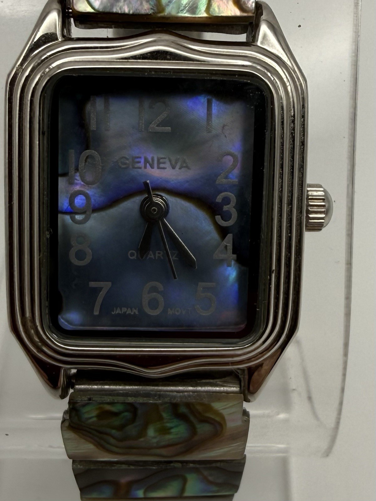 Womens Geneva Quartz Vintage Rectangle Silver SS Bracelet Blue Abalone Dial