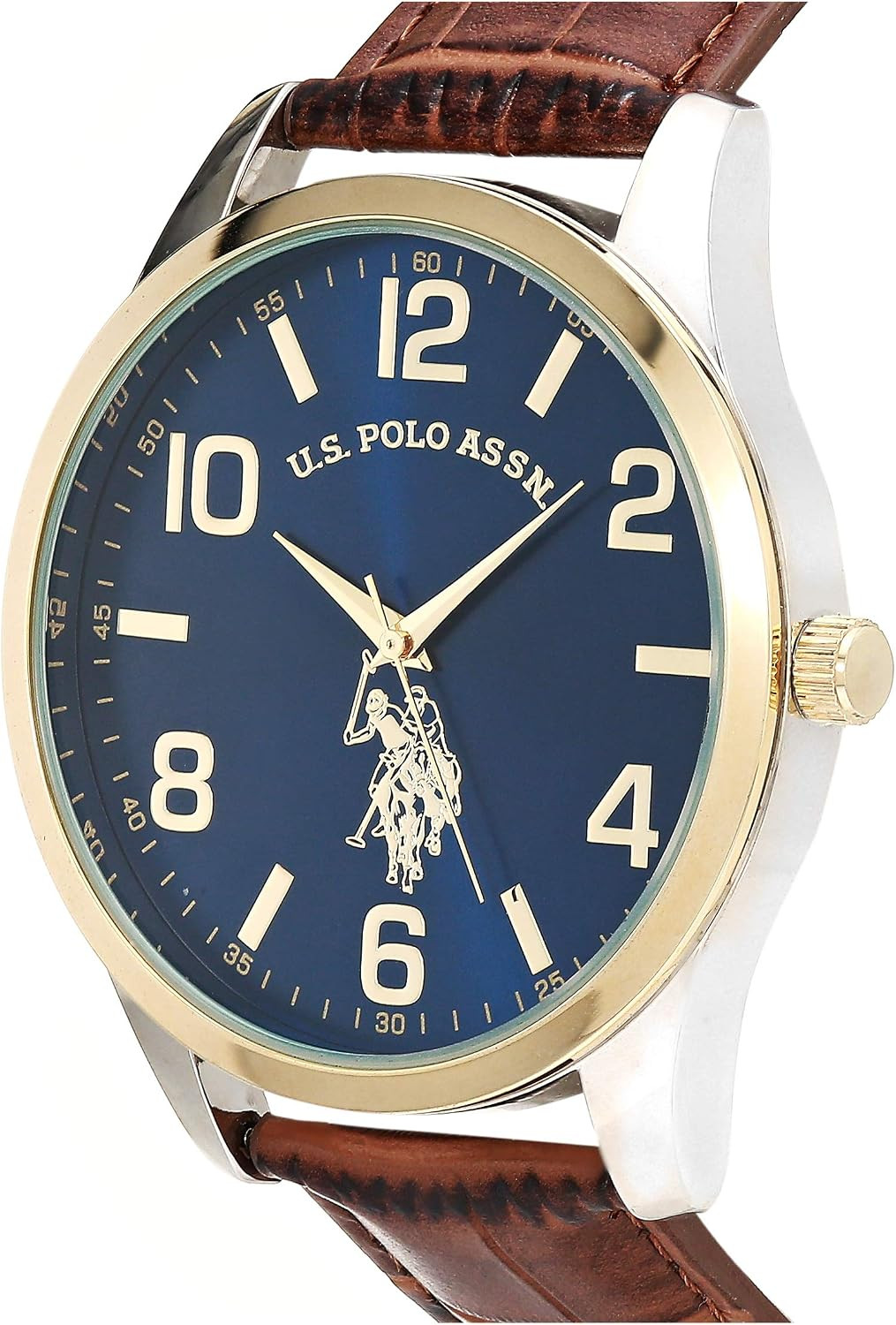 Men’S Analog Dress Watch with Blue Sunray Dial Gold-Tone Bezel and Brown Faux Le