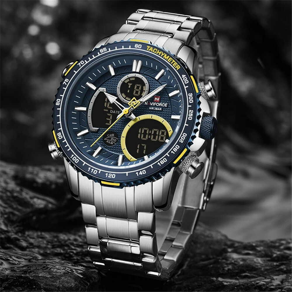 NAVIFORCE Men Sport Watch Big Dial Chronograph Quartz Wristwatch Steel Watches