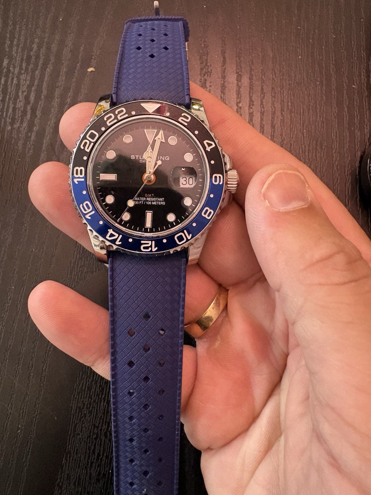 Stuhrling Original GMT Quartz Watch Black Dial Blue Rubber Strap Date