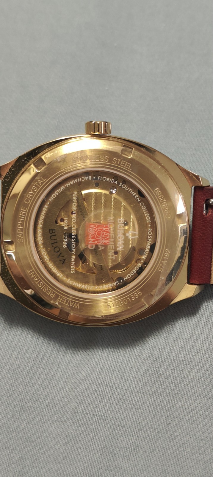 BULOVA 40mm MEN’S PERFORATED PANELS FRANK LLOYD WRIGHT BURGUNDY LEATHER 97A192