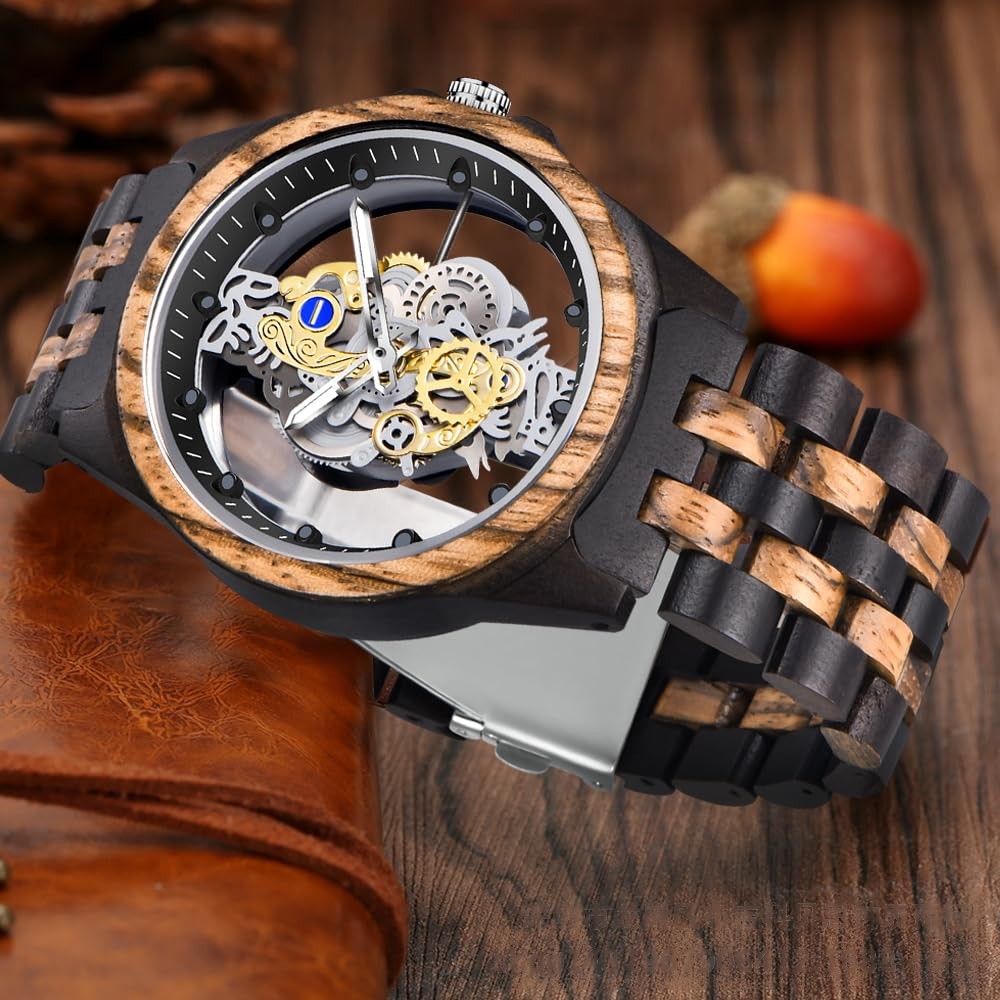 Dentily Men’s Hollow Analog Wooden Watch Retro Gear Carving black&brown