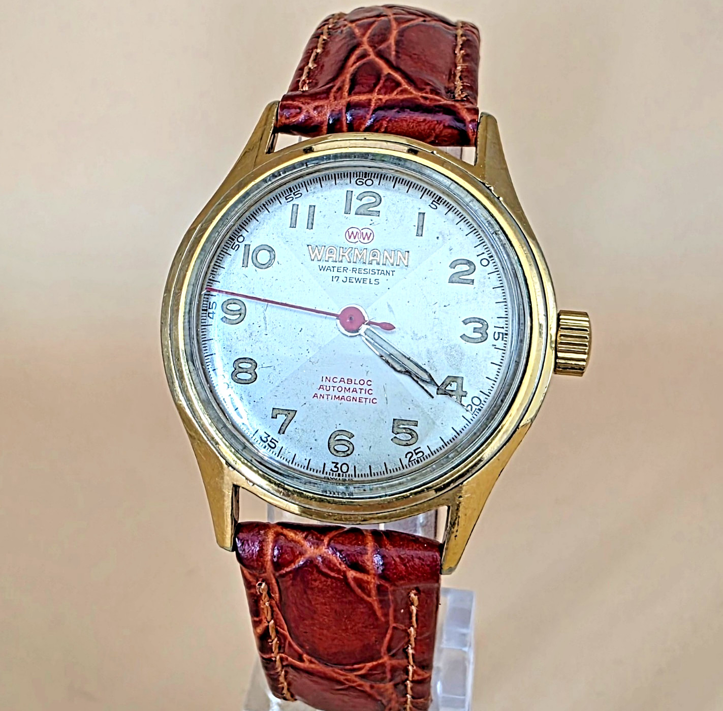 VTG Rare WAKMANN 709A Automatic 17 Jewel 1950 Swiss Incabloc 31mm Men Watch Runs