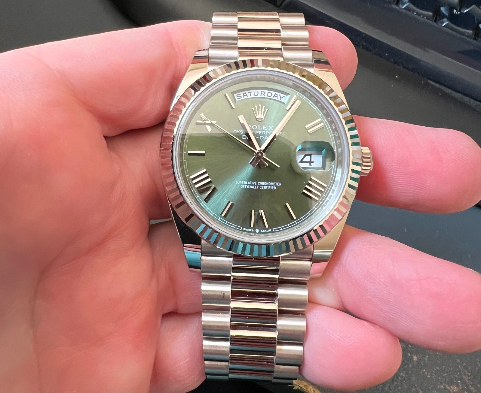 ROLEX 18K WHITE GOLD PRESIDENT DAY DATE 40 228239 C. 2022 Green Roman Dial 40mm