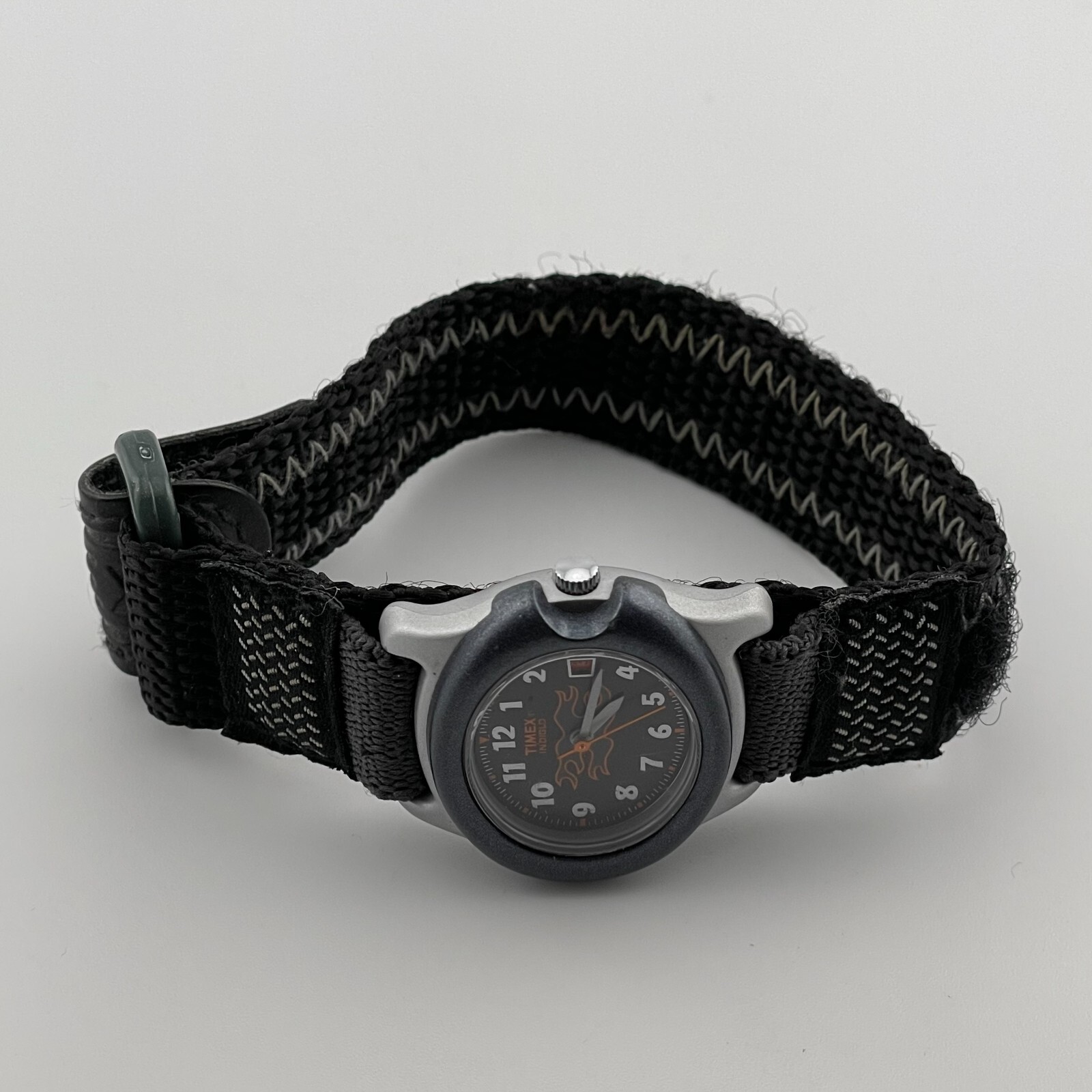 Timex Indiglo Watch Vintage Date Flames 31mm Case One Piece Nylon Strap Quartz