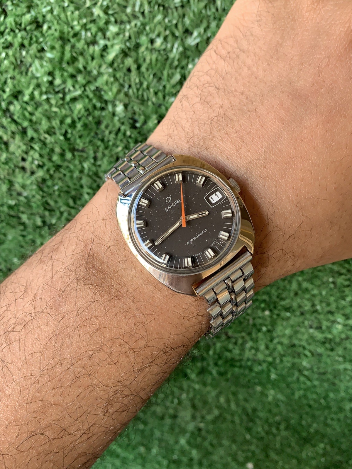 Vintage Enicar Ocean Pearl Watch Stainless Steel Star Jewels Dial 36mm Men 1960s