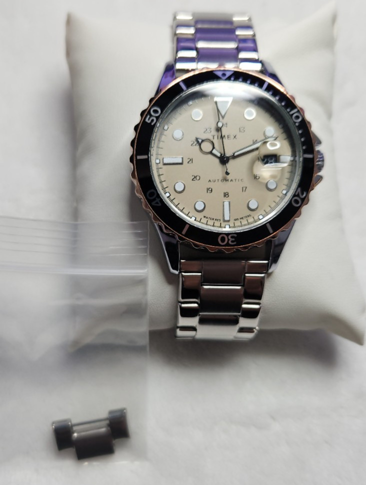 Stunning Timex Automatic Dive Watch 41mm Tan Dial Rotating Bezel Glass Caseback