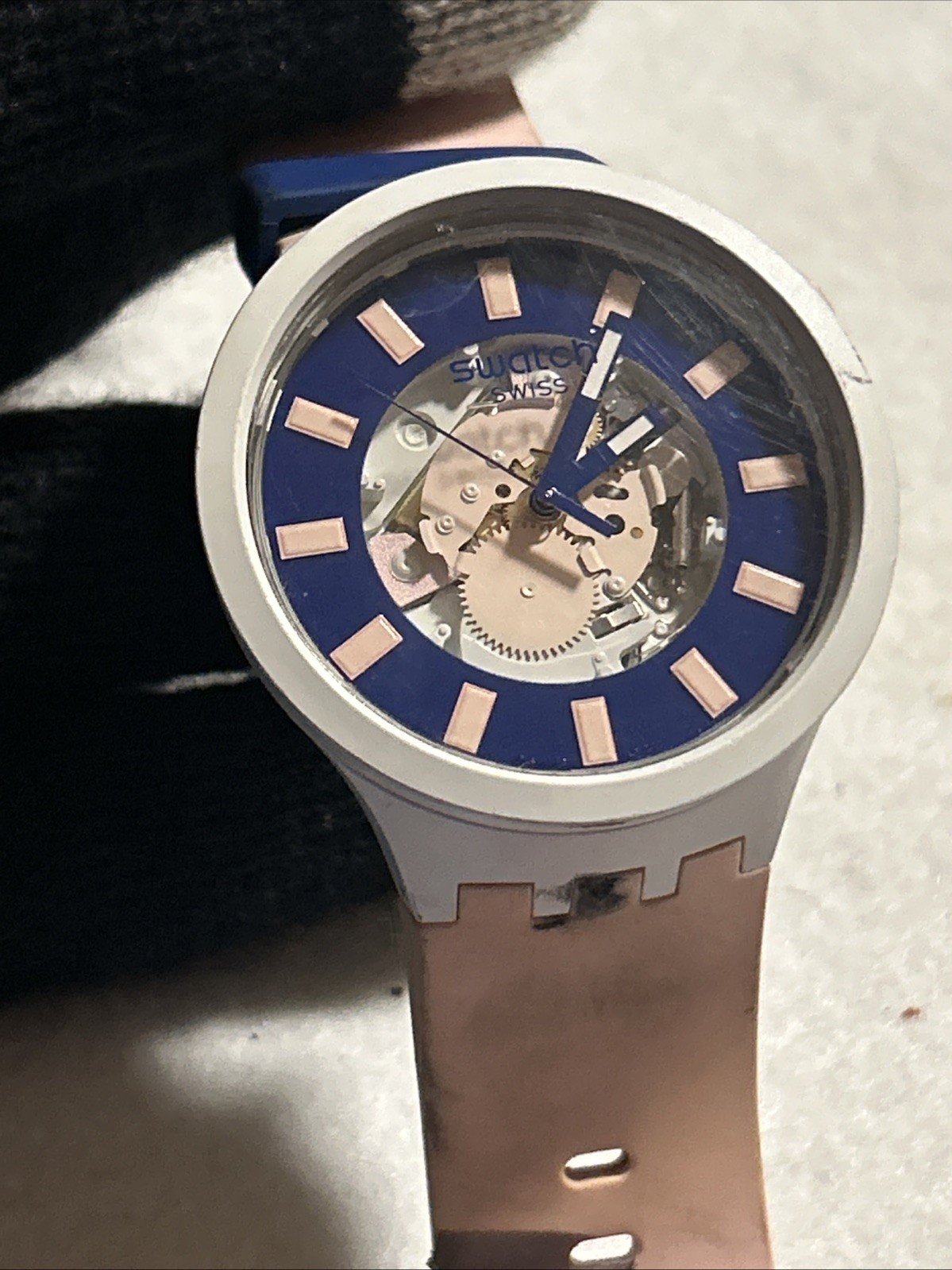 SWATCH BIG BOLD BIOCERAMIC Watch SWISS Analog Pink Navy Strap Dameged