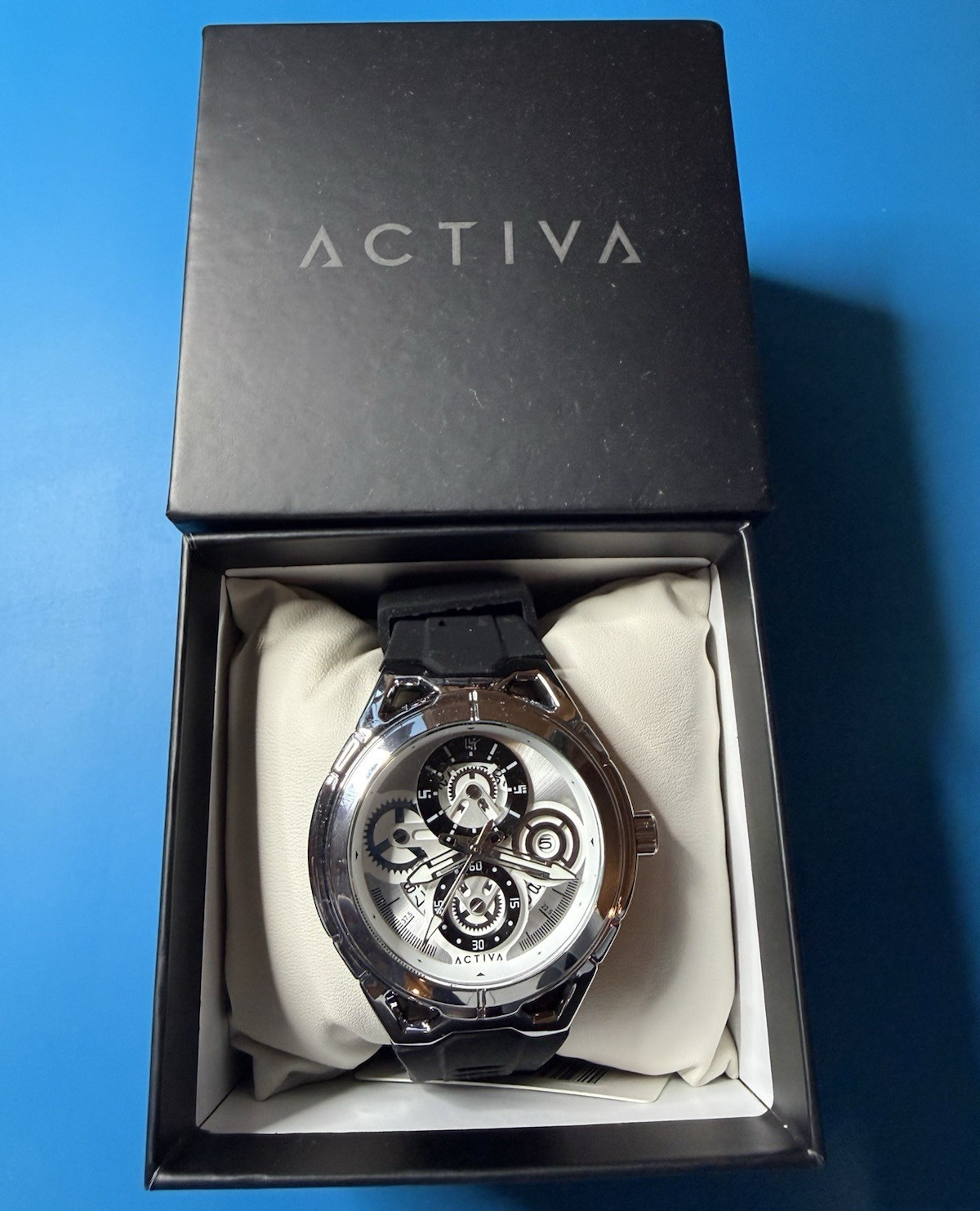 Activa Sport Quartz Analog Watch Silver Dial Arabic Numerals Black Strap Box