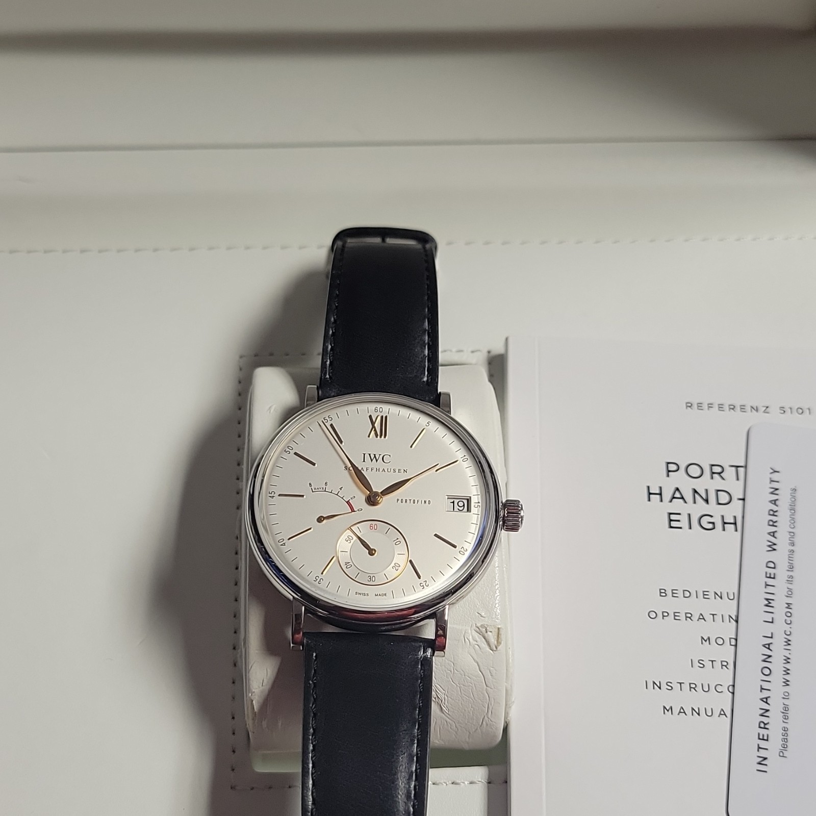 IWC Portofino Hand-Wound White Dial Date Small Sec Power Reserve Box Papers