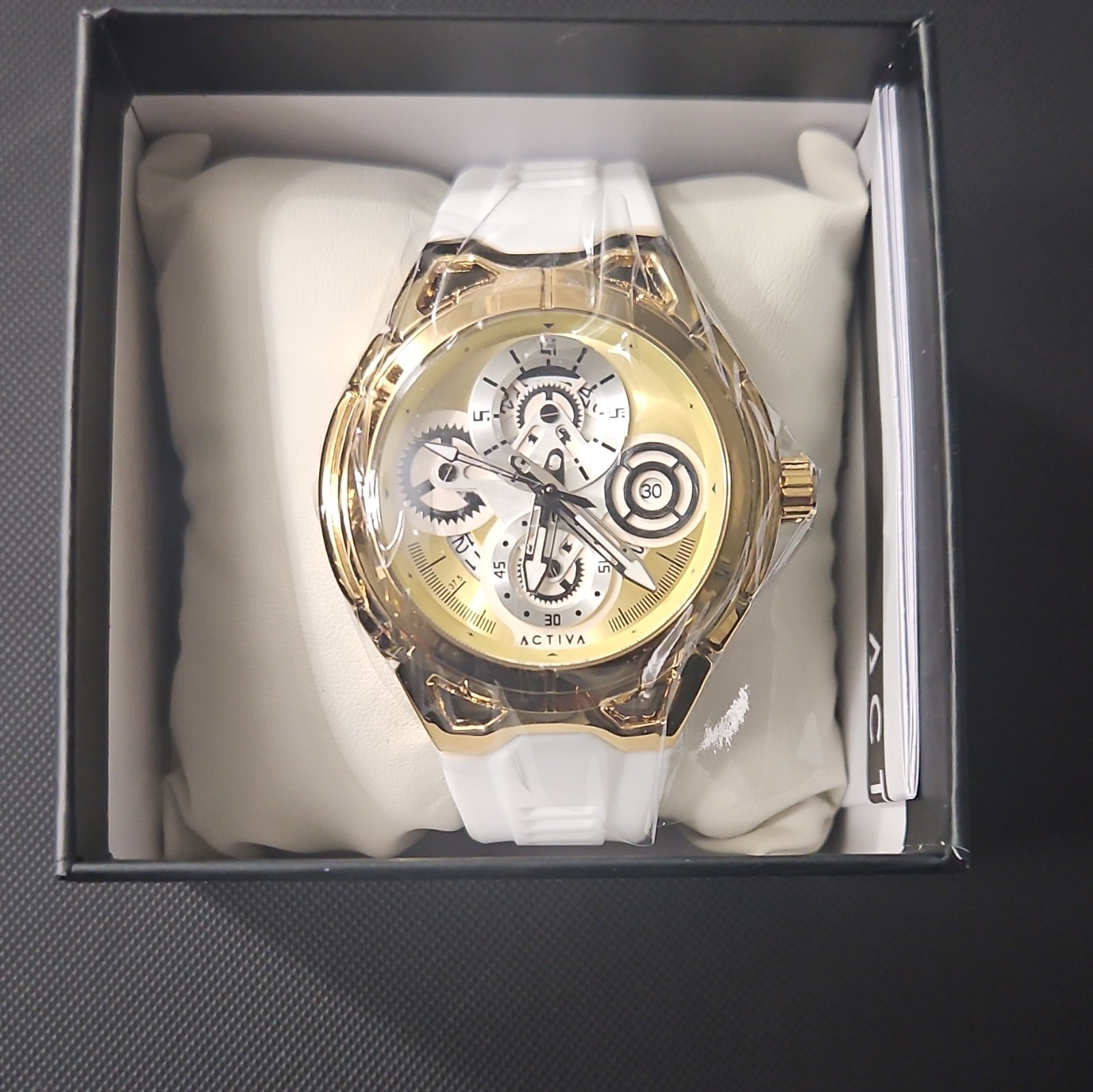 Activa Unisex Quartz 45mm Gold-Tone Steel White Rubber Strap Date 30m Box