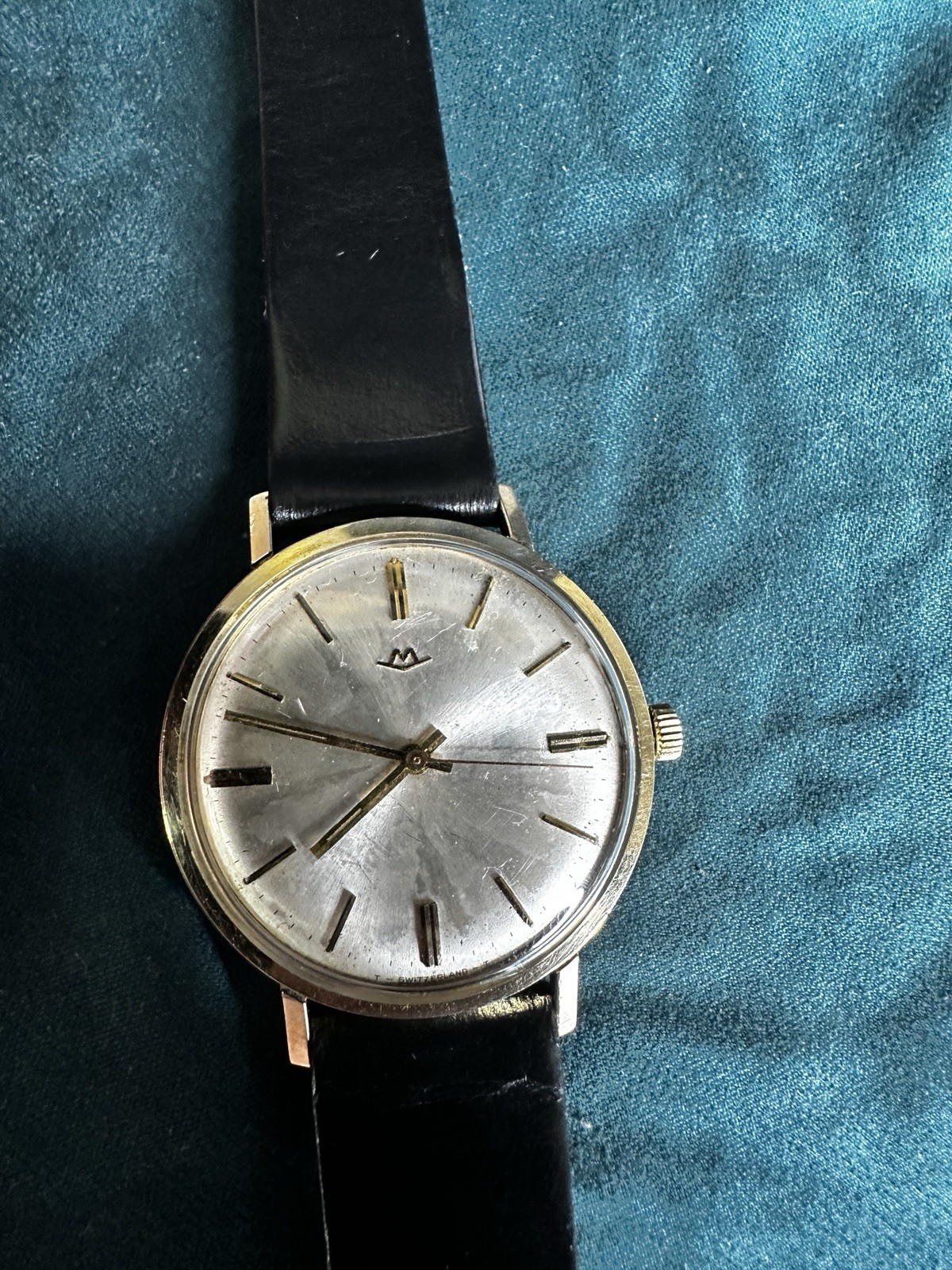 Vintage Movado Swiss Automatic 17J Gold Plated 34mm Silver Dial Black Leather
