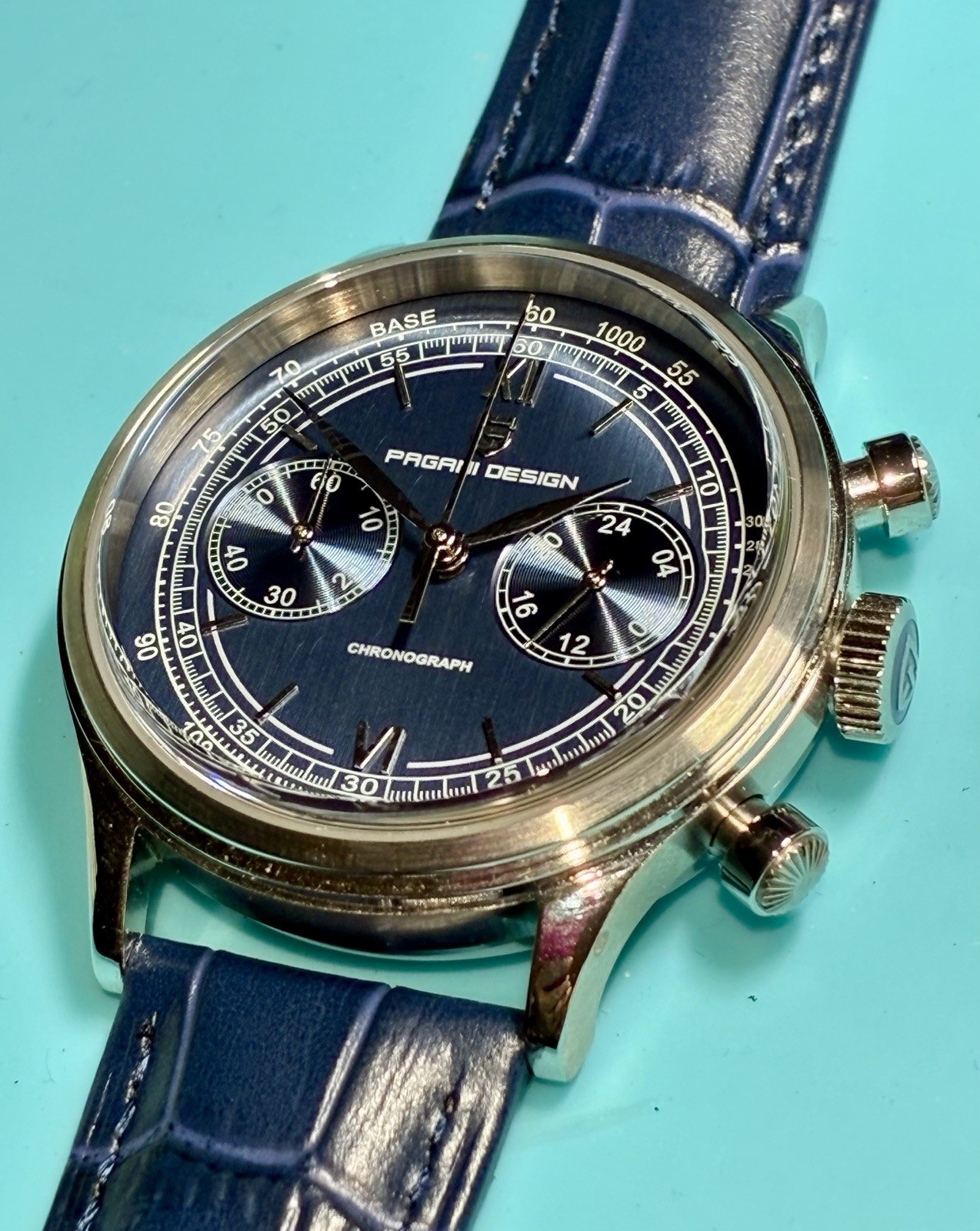 PAGANI DESIGN 40MM CHRONO VINTAGE STYLE BLUE BICOMPAX DIAL SEIKO VK64 QUARTZ