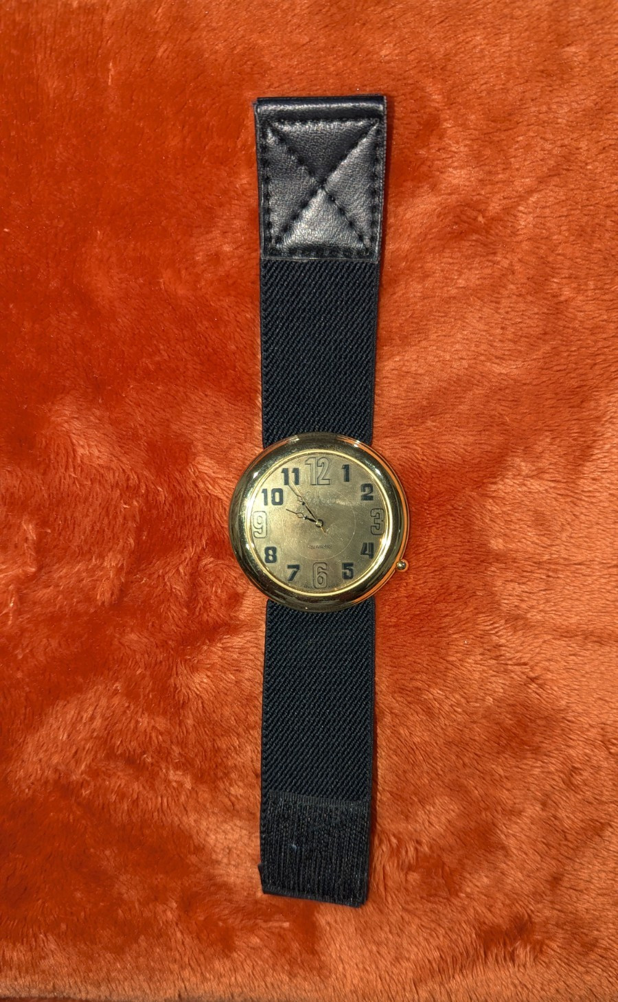 Gold Tone Round Analog Wristwatch Arabic 12-Hour Dial Black Fabric Strap