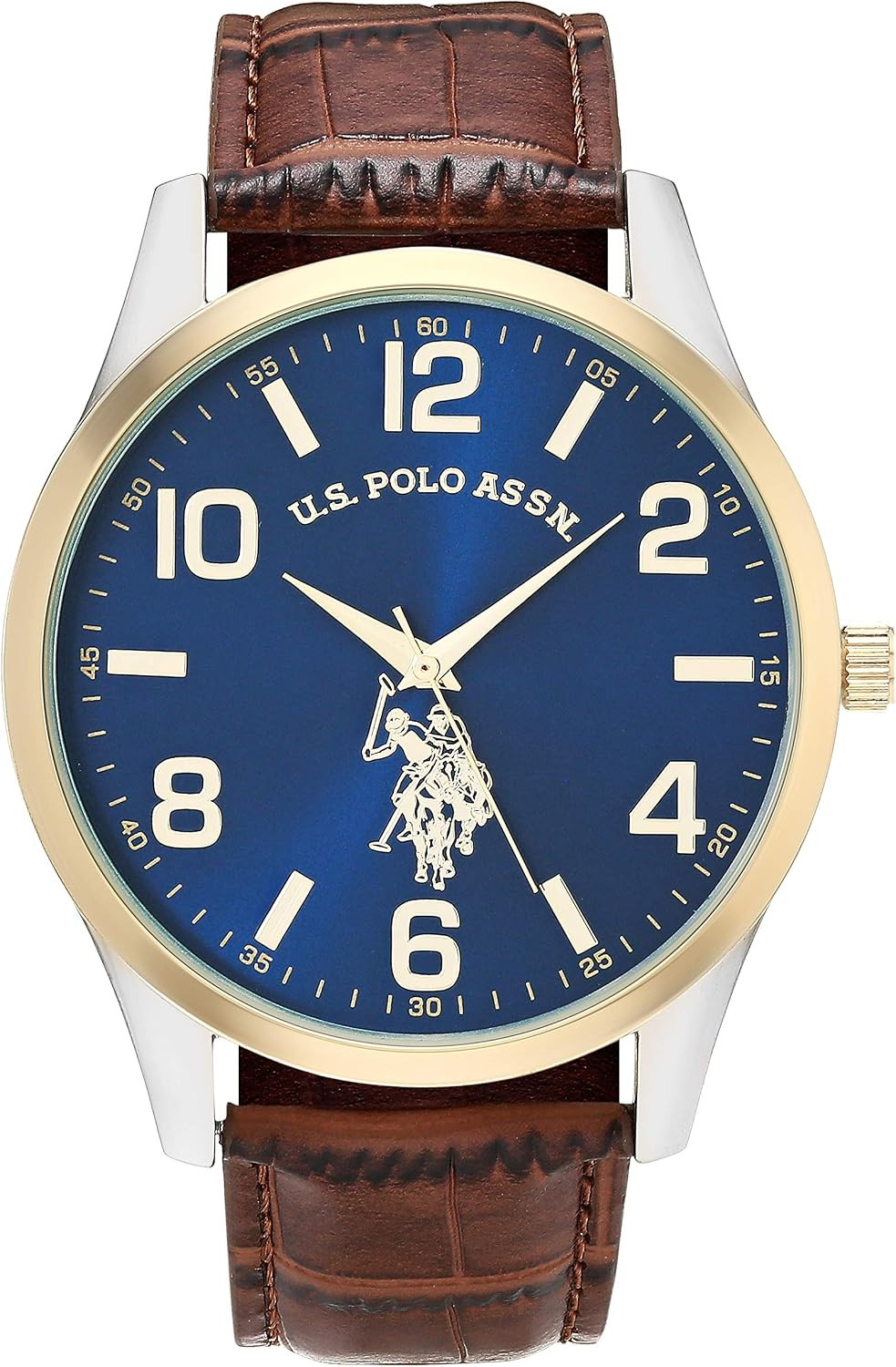 Men’S Analog Dress Watch with Blue Sunray Dial Gold-Tone Bezel and Brown Faux Le