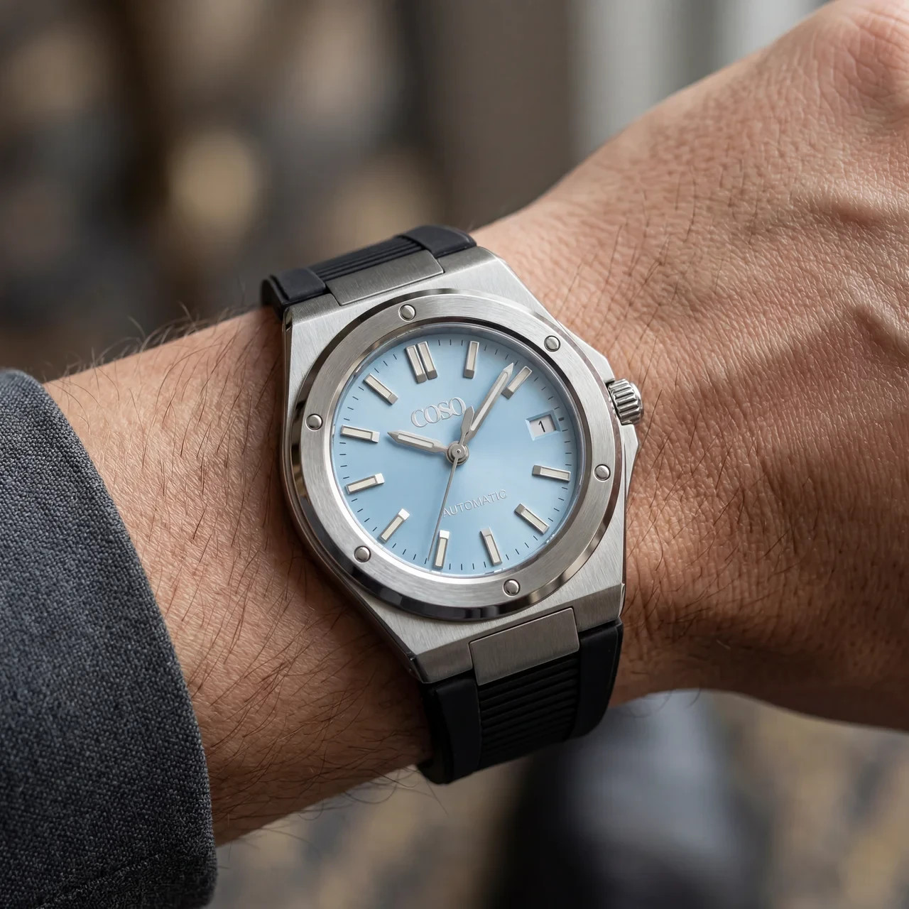 COSO Valtor Automatic Ice Blue Dial Steel Black Rubber Strap