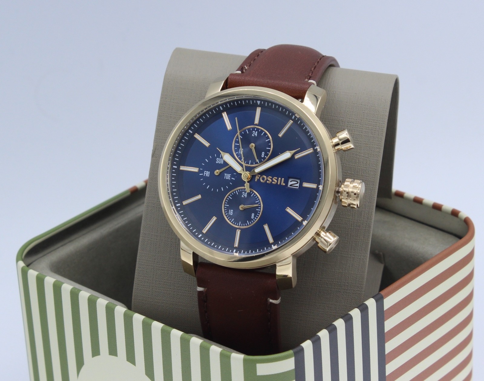 Fossil Rhett Chronograph Gold Blue Brown Leather BQ2848 Mens Watch