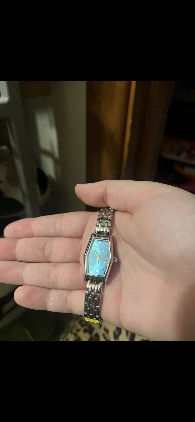 Silver Metal Tonneau Analog Wristwatch Blue Dial Bracelet Band Stick Indexes