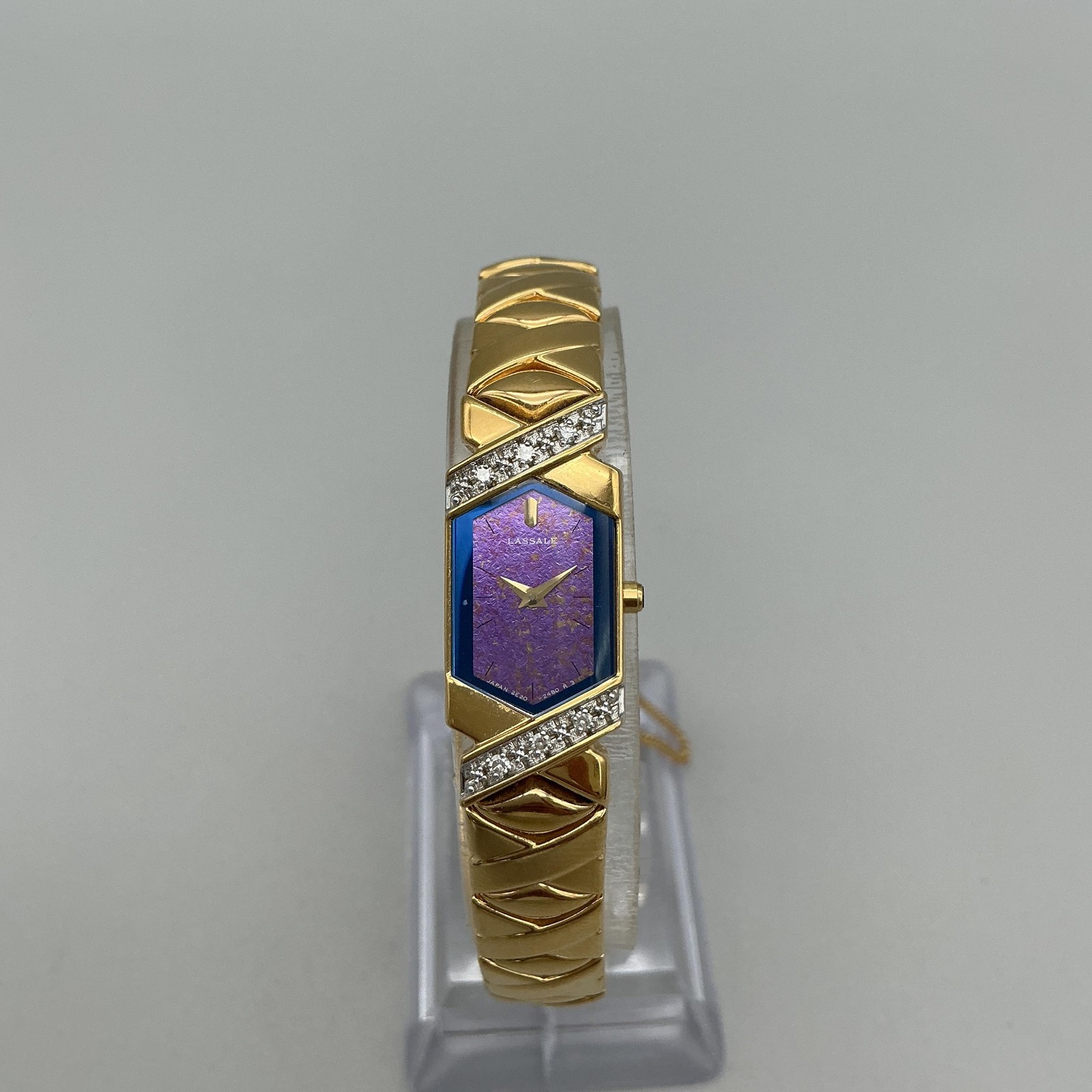 Vintage Lassale Womens Watch 13mm Purple Dial Gold Tone Diamond New Battery 6.5″