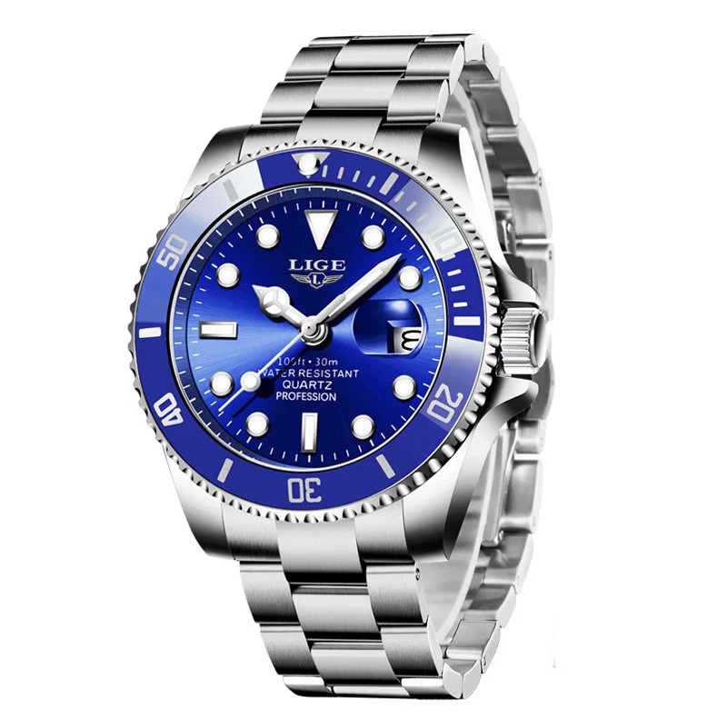 LIGE Business Men Watches Auto Date Quartz Watch Mens Stainless Steel Military M
