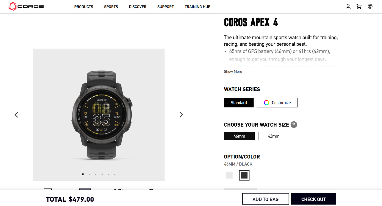 Coros Apex 4 Black 46 mm (Silicone Band) New In Box